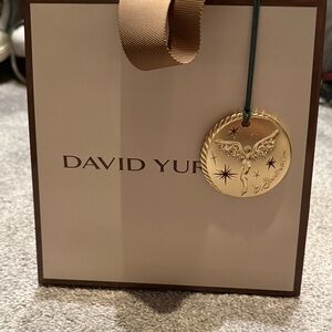 David Yurman Gold Angel Medallion Ornament with Green Ribbon and a gift bag